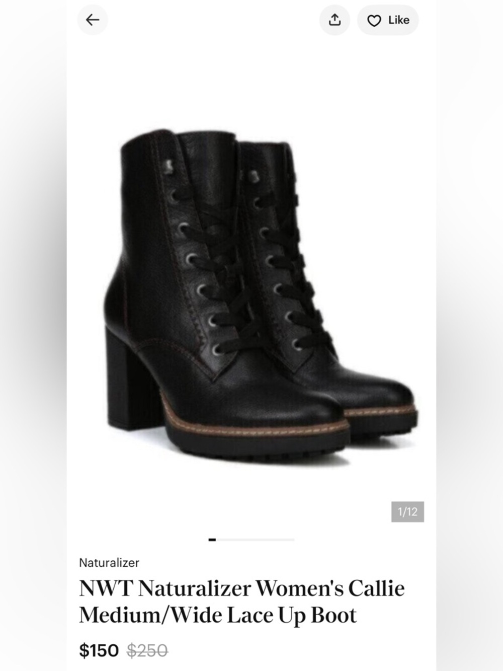 Naturalizer Black Lace-Up Block Heel Ankle Boots
